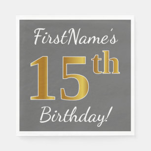 Serviette En Papier Gris, anniversaire d'or de Faux 15ème + Nom fait