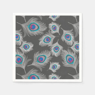 Serviette En Papier Gris argenté / Gris Plumes de paon gris sur Graphi
