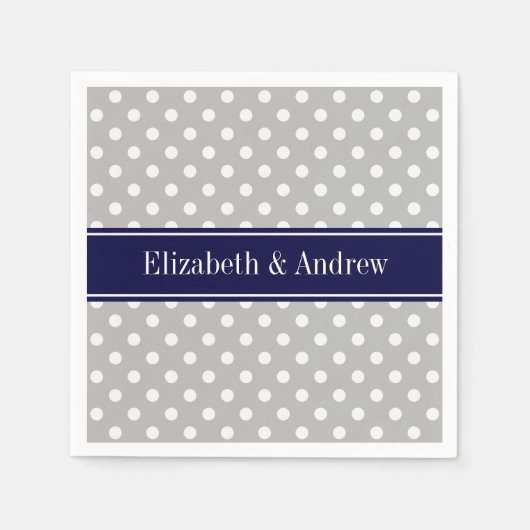 Serviette En Papier Gris Blanc Pois Marine Nom bleu Monogramme (Devant)