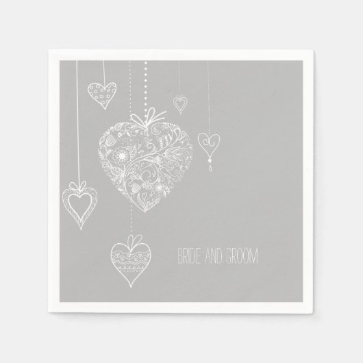 Serviette En Papier Gris Blanc Romantique Coeurs Mariage (Devant)