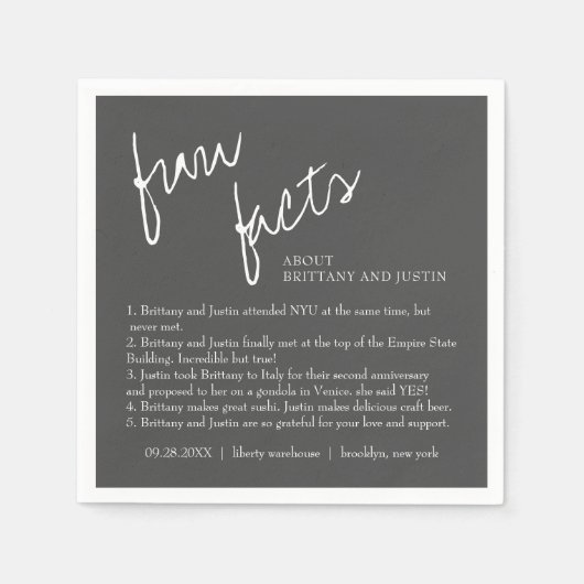 Serviette En Papier Gris Blanc Script Fun Facts Cocktail Mariage (Devant)