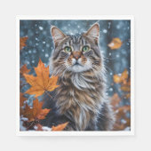 Serviette En Papier Gris Chat Yeux verts Poser avec feuilles d'automne (Devant)