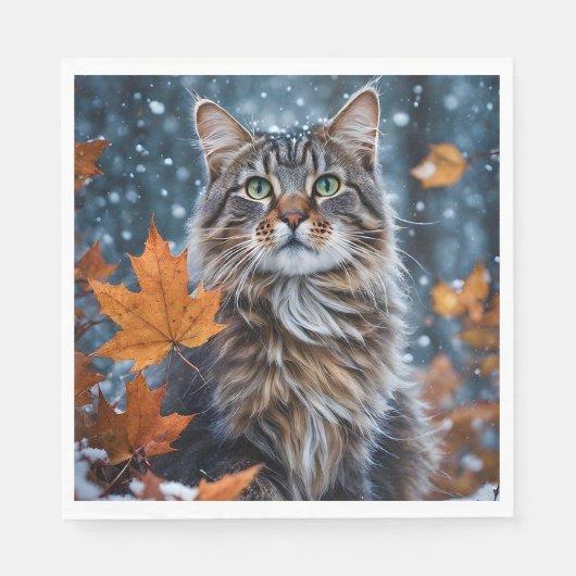 Serviette En Papier Gris Chat Yeux verts Poser avec feuilles d'automne (Devant)