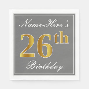 Serviette En Papier Gris Élégant, Faux Or 26e Anniversaire ; Nom Perso