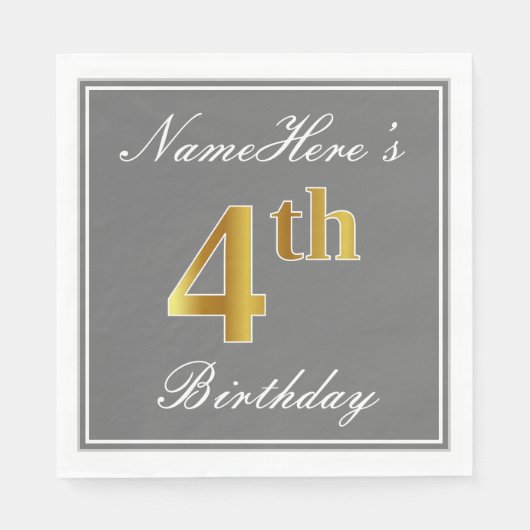 Serviette En Papier Gris Élégant, Or Faux 4e Anniversaire + Nom Person (Devant)