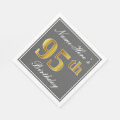 Serviette En Papier Gris Élégant, Or Faux 95e Anniversaire; Nom Person (Coin)