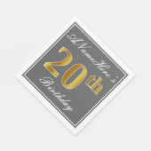 Serviette En Papier Gris Élégant, Or Faux Anniversaire 20 ans; Nom Per (Coin)