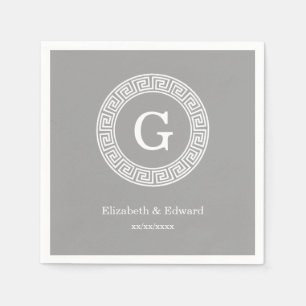 Serviette En Papier Gris foncé blanc clé grecque cadre Rnd initial Mon