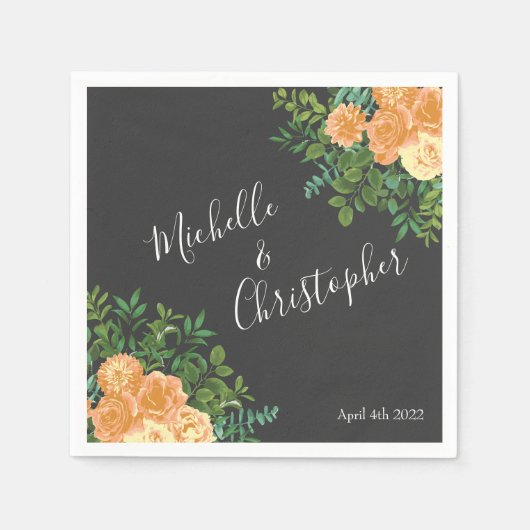 Serviette En Papier Gris foncé Pêche Mariage Floral moderne (Devant)