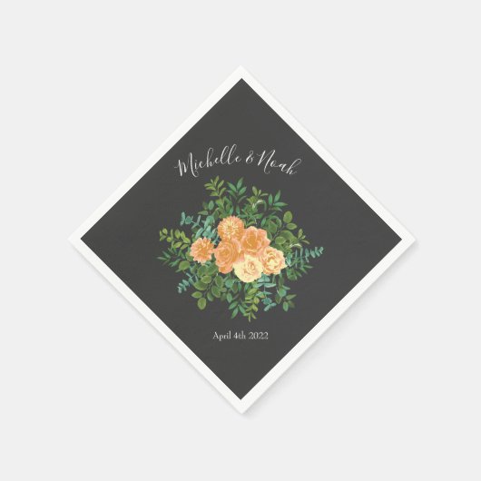 Serviette En Papier Gris foncé Pêche Mariage Floral moderne (Coin)