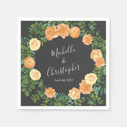 Serviette En Papier Gris foncé Pêche Mariage Floral moderne (Devant)