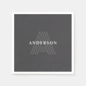 Serviette En Papier Gris foncé Rétro Moderne Monogramme Nom (Devant)