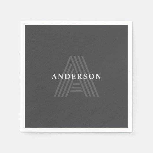Serviette En Papier Gris foncé Rétro Moderne Monogramme Nom (Devant)