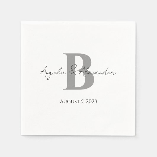 Serviette En Papier Gris Gris Gris Mariage Monogramme Blanc (Devant)
