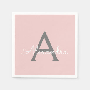 Serviette En Papier Gris rose vif Script Monogramme Nom Moderne