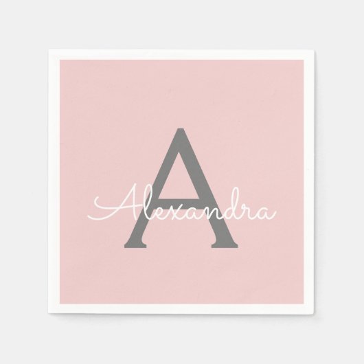 Serviette En Papier Gris rose vif Script Monogramme Nom Moderne (Devant)