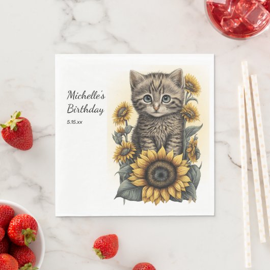Serviette En Papier Gris Tabby Chat Kitten Tournesols Anniversaire (En situation)