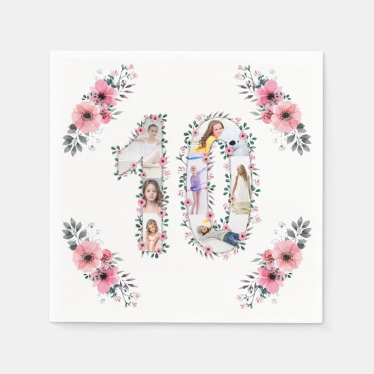 Serviette En Papier Gros 10e anniversaire fille photo Collage Fleur ro (Devant)
