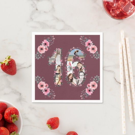Serviette En Papier Gros 16e anniversaire fille Flower Photo Collage (En situation)