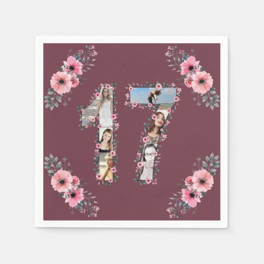 Serviette En Papier Gros 17ème anniversaire fille Fleur Collage photo (Devant)