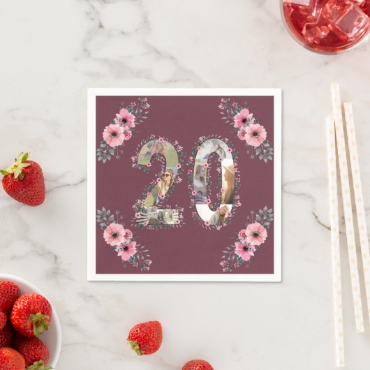 Serviette En Papier Gros 20e anniversaire Photo Collage Fille Fleur ro (En situation)