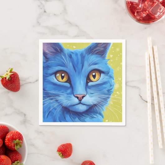 Serviette En Papier Gros chat bleu. (En situation)