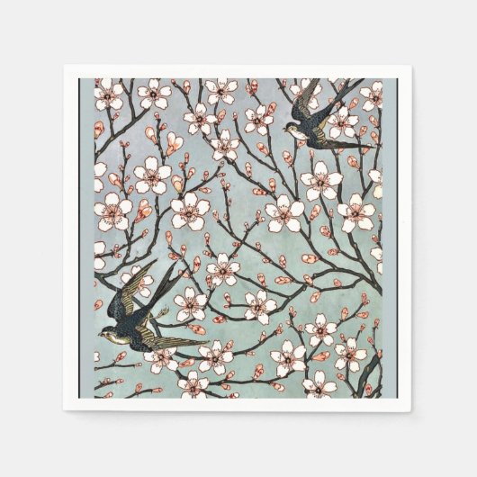 Serviette En Papier Grue - Fleurs d'amandes et hirondelles (Devant)