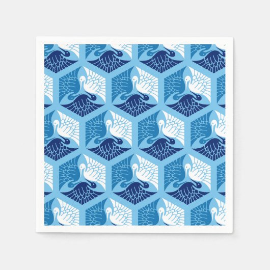 Serviette En Papier Grues japonaises, marine, blanche et bleu clair (Devant)