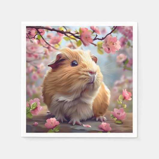 Serviette En Papier Guinée Cochon au milieu des fleurs du printemps (Devant)