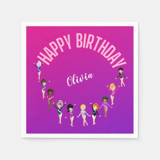 Serviette En Papier Gymnastique Amis "Joyeux Anniversaire" Rose violet (Devant)