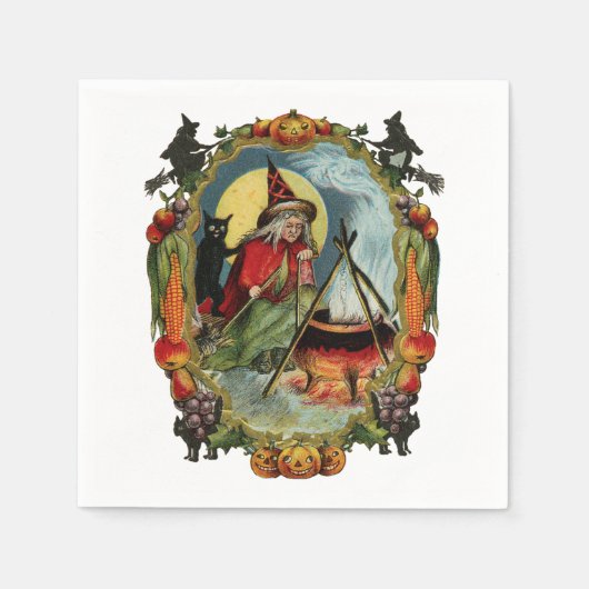 Serviette En Papier Halloween à l'ancienne, sorcière avec chat noir (Devant)