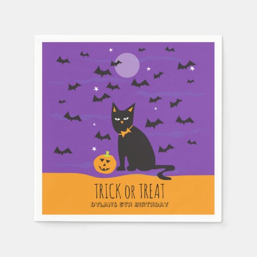 Serviette En Papier Halloween Anniversaire Noir Chat et chauves-souris (Devant)