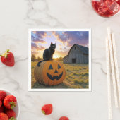 Serviette En Papier Halloween Black Cat On Pumpkin Hay Bale (En situation)
