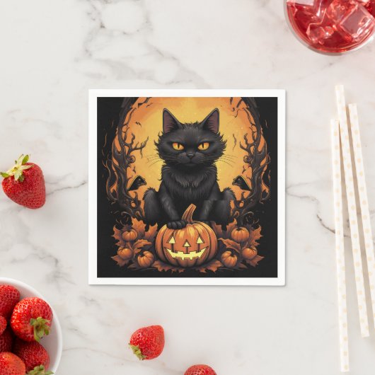 Serviette En Papier Halloween | Chat noir et Citrouille (En situation)