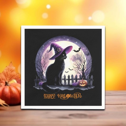 Serviette En Papier Halloween Chat Noir sorcière et chauves-souris