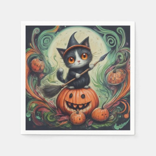 Serviette En Papier Halloween chatte-sorcière et citrouille Hallowee (Devant)