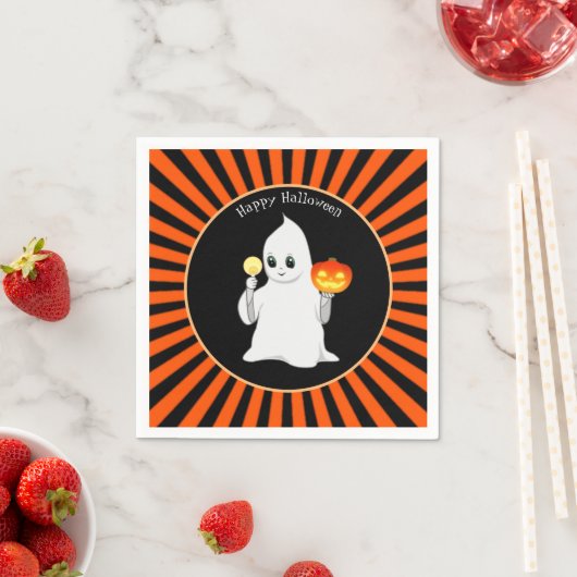 Serviette En Papier Halloween Ghost & Citrouille sur Black & Orange (En situation)