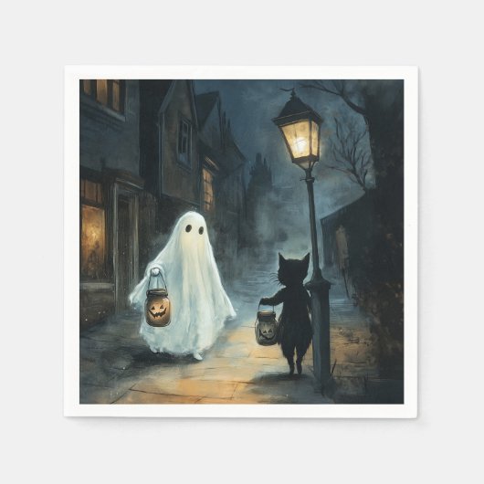 Serviette En Papier Halloween Ghost et Rencontre de chat (Devant)
