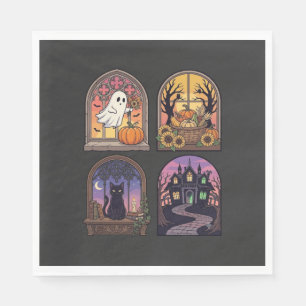 Serviette En Papier Halloween Gothique Fenêtre Fantôme Citrouille Chat