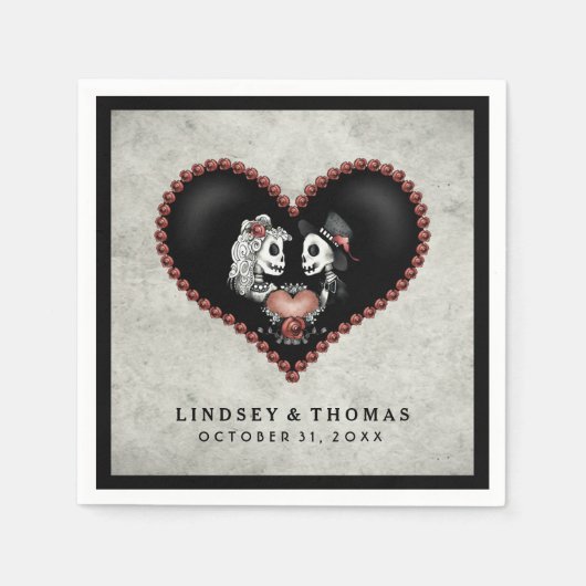 Serviette En Papier Halloween Gris & Noir Skeletons & Mariage de coeur (Devant)