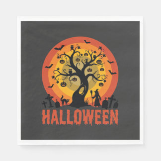 Serviette En Papier Halloween Haunted Tree Witch and Black Cats