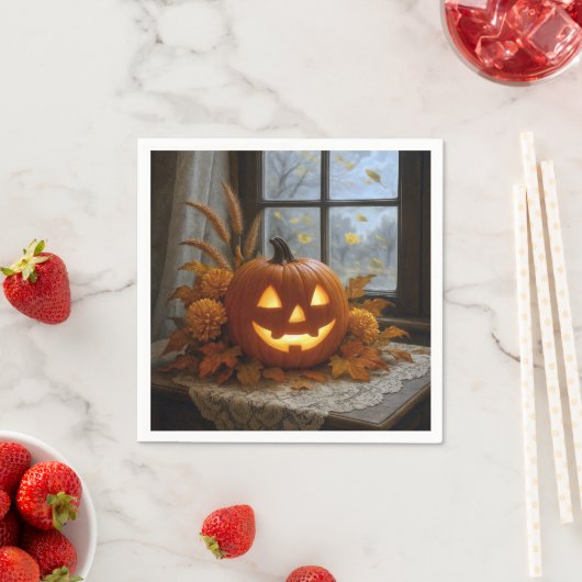 Serviette En Papier Halloween Jack-o-Lanterne En Fleurs D'Automne (En situation)
