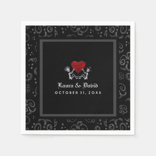 Serviette En Papier Halloween noir & blanc Skeletons & Mariage de coeu (Devant)