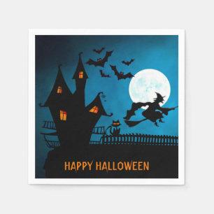Serviette En Papier Halloween Sorcière Noire Chat Bats Party