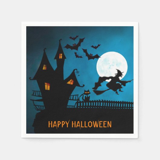 Serviette En Papier Halloween Sorcière Noire Chat Bats Party (Devant)