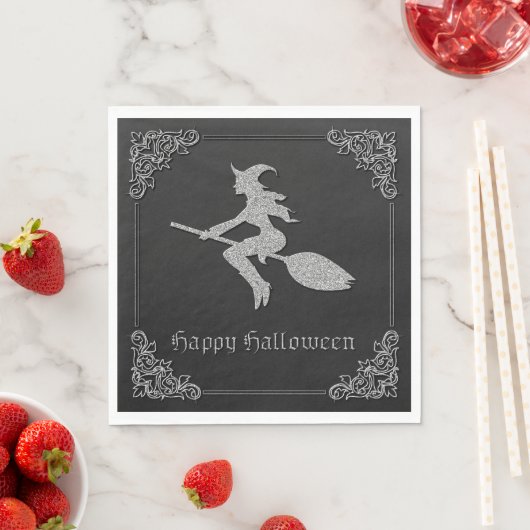 Serviette En Papier Halloween sorcière volante en argent (En situation)