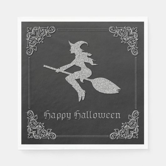 Serviette En Papier Halloween sorcière volante en argent (Devant)