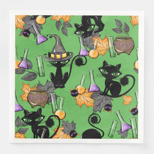 SERVIETTE EN PAPIER HALLOWEEN VERT AVEC DES CHATS NOIRS CUITS (Devant)