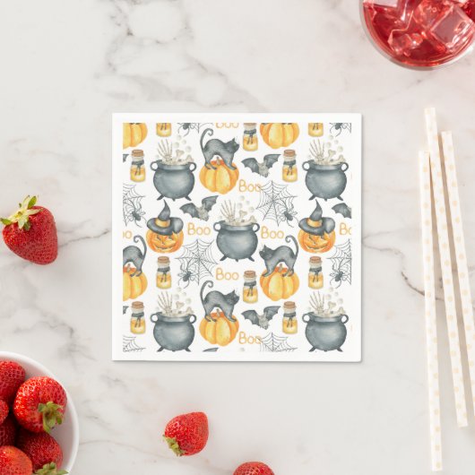 Serviette En Papier Halloween Whimsical Cauldron et Motif de chats (En situation)