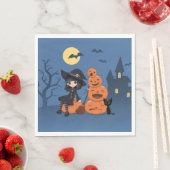 Serviette En Papier Halloween Witch, Chat noir et Citrouille (En situation)